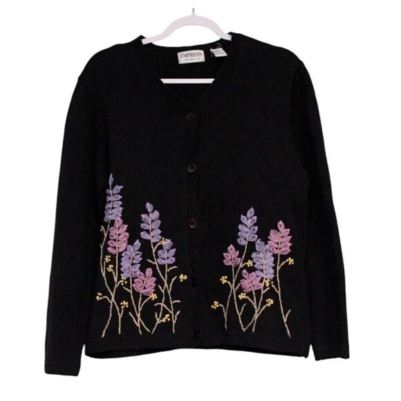 Empress Sweaters - Vintage 90s Cardigan Sweater Size Large Floral Embroidered Grandmacore Ramie